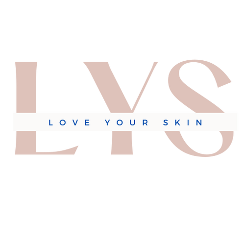Love you skin logo Simple L Y S in tan-ish pink with love your skin in blue